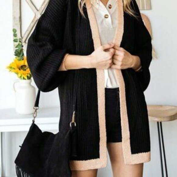 Black Casual Womens Contrast Trim Drop Shoulder Open Front Cardigan - Picture 4 of 5